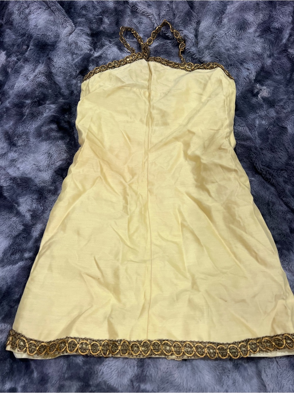 Vintage Strapless Pale Yellow Dress with Gold Chain Trim